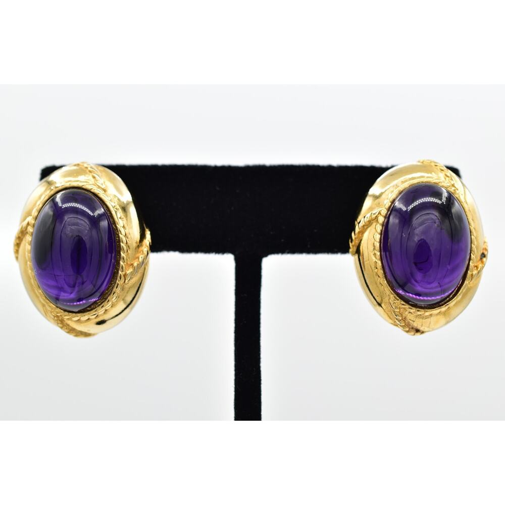Vintage Purple Cabochon Earrings Oval Post Gold Tone Heavy Chunky 1980s BinBF